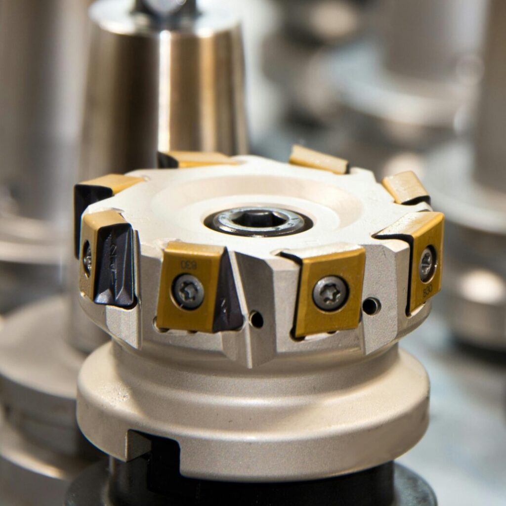 Detailed view of various metal drill bits and tools arranged in a workshop setting.